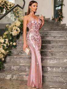 Vestido de cóctel con tirantes finos, espalda descubierta y estampado floral de lentejuelas para mujer - Rosa - Ver 4