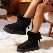 Women's Classic Thick-Soled Snow Boots Plush Ankle Boots: Made Of Imitation Suede, The Boots Are Ankle-High And Suitable For Winter Wear. They Are Equipped With Memory Foam Insoles And Lightweight Non-Slip Soles. They Can Be Worn Indoors And Outdoors. They Are Suitable Black Boots For Christmas And Holidays. - màu đen - Xem 3