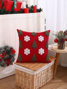 1 pieza Funda de cojín decorativa navideña, bordado de árbol de Navidad y copos de nieve en lienzo de terciopelo, decoración rústica para sala de estar, dormitorio, sofá, regalo navideño