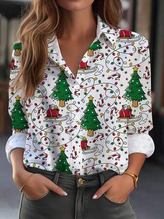 Women's Holiday Christmas Tree & Gift Print Shirt, Regular Fit Fashion Collared Top, Suitable For Spring, Summer, Autumn, Winter, Star & Snowflake Christmas Themed Front Button, Perfect For Everyday Occasions