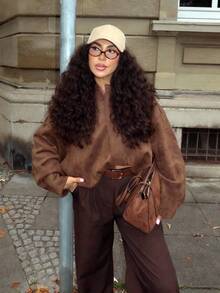 MUMRAP Women Casual Street Fashion Turndown Collar Jacket Vintage Long Sleeve Zipper Loose Coat - Coffee Brown - View 6