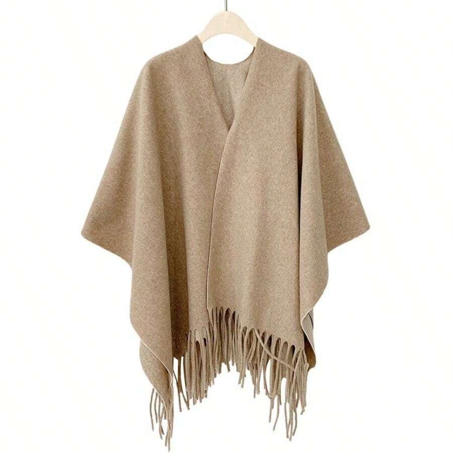 Women's Oversized Fringe Poncho Shawl Wrap Office Air-Conditioned Room Shawl Outer Wear Women's Four Seasons Cloak Travel Wear Cloak Airplane Blanket In Various Colors - 黃色 - 查看 1