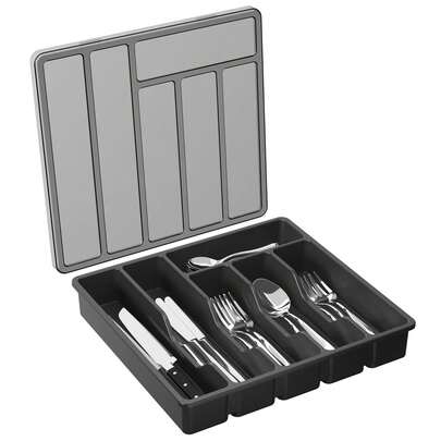 Caja de cubiertos con tapa, cajón de cocina y bandeja para cubiertos con tapa, caja de plástico para cuchara, tenedor y portacuchillos, 6 compartimentos, color negro