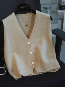 1 件纯白色针织纽扣 V 领无袖夏季开衫毛衣背心