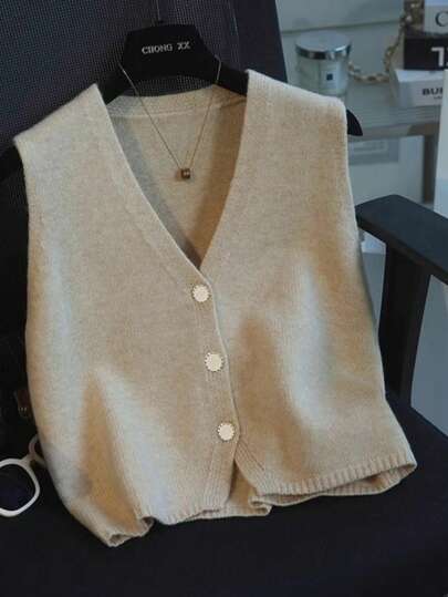 1 szt. Solidny biały dzianinowy sweter kardigan z dekoltem w serek, bez rękawów, letni, zapinany na guziki