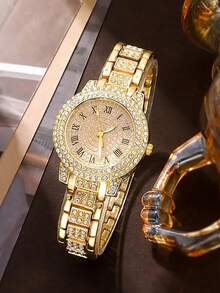 2 pezzi Set di orologio al quarzo con numeri romani in strass e braccialetto a catena cubana in lega color oro, regalo per feste/compleanni, elementi essenziali per Natale