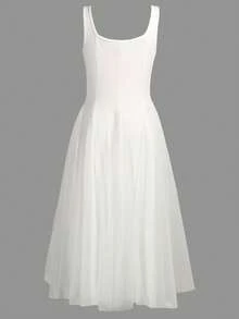 Vestido de tul sin mangas de cuello cuadrado para mujer, vestido de noche elegante, accesorios para el regreso a la escuela