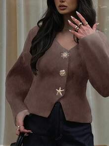 FOR BEAUTY Autumn And Winter New Women's Solid Color V-Neck Irregular Button Knitted Cardigan Women's Long Sleeved Top, Fashionable, Simple, Elegant, Atmospheric, Casual, Versatile, Lazy Style Suitable For Daily Commuting, Sweater Coat Autumn Women's Clothing Autumn Christmas New Year