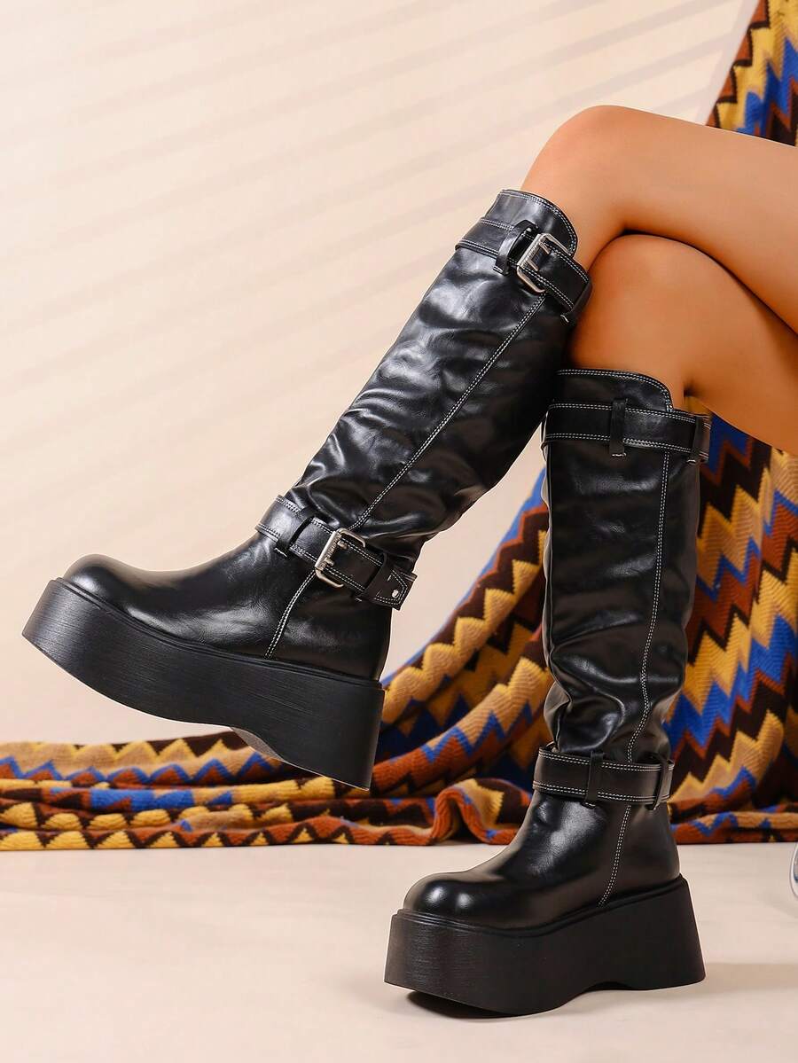 Bottes mi-mollet à boucle rayée noire, enfiler d'1 pièce seul tenant, semelle épaisse à bout rond, style casual, mode festival de musique de rue, polyvalentes, nouvelles bottes pour femmes