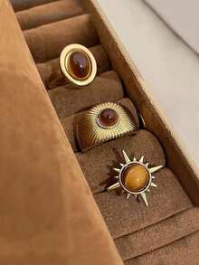 3 件套复古优雅高端虎眼石向日葵设计时尚戒指套装，适合日常、派对、节日佩戴 - 棕色 - 查看 7