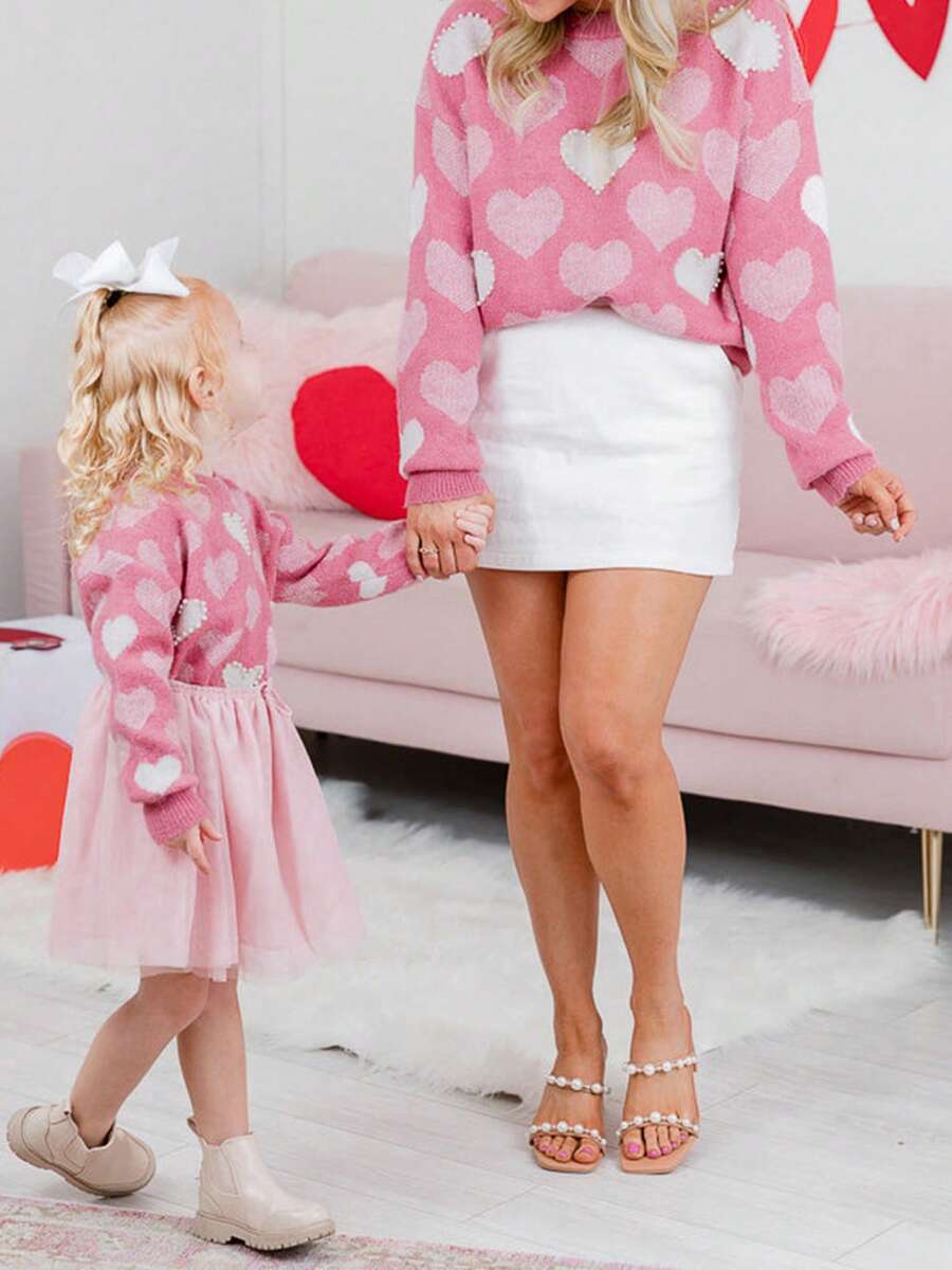Mommy And Me Family Matching Sweaters Christmas/New Year/Valentine's Day Outfit Long Sleeve Crew Neck Cable Knit Sweaters MamaMini Pullover Jumpers Tops - 粉色 - 查看 1