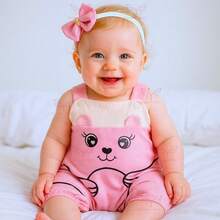 Conjunto Macacão Jardineira + Laço de Cabelo – Bebê Menina Estampa de Ursinho Tam RN a 03 Meses - Rosa empoeirado - Visão 1