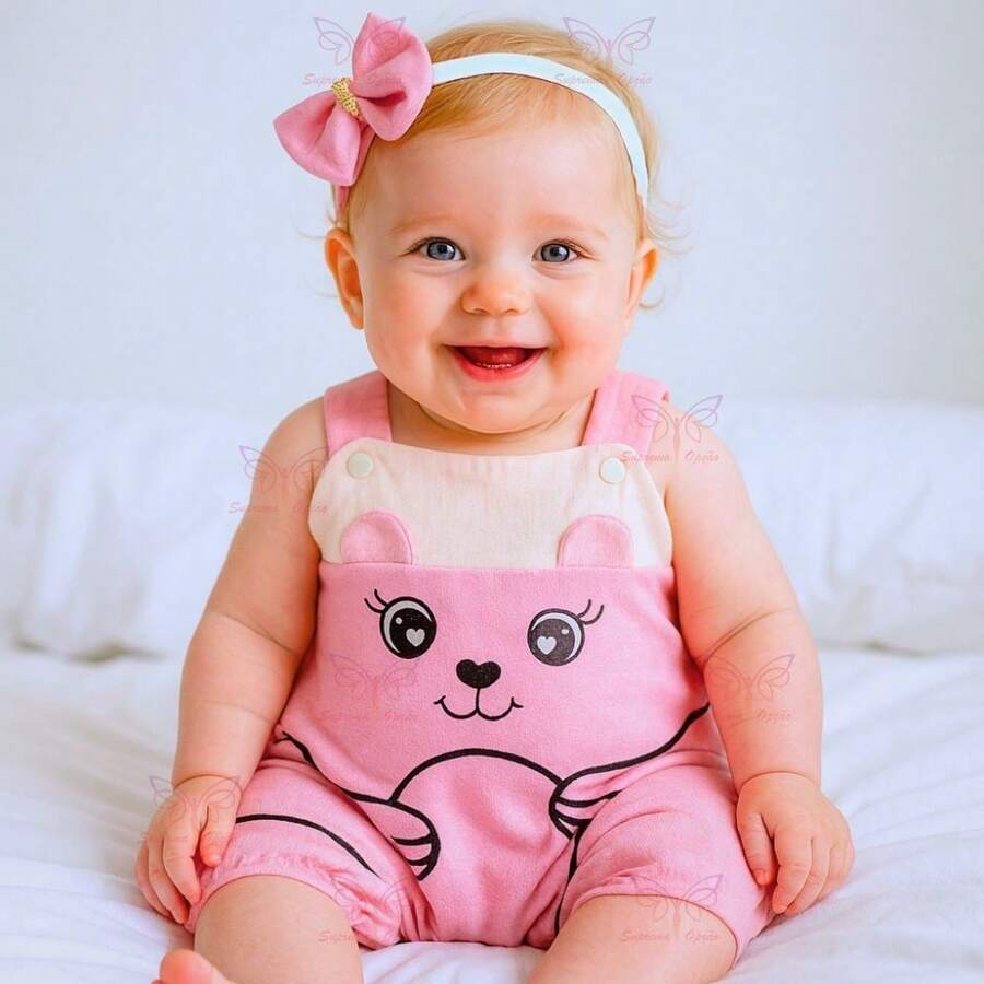 Conjunto Macacão Jardineira + Laço de Cabelo – Bebê Menina Estampa de Ursinho Tam RN a 03 Meses - Rosa empoeirado - Visão 1