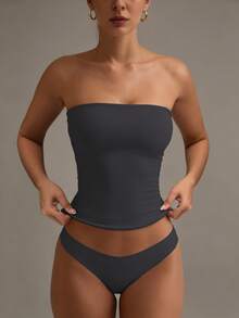 XLLAIS Áo tank top crop không dây gợi cảm, áo bra yoga ôm sát màu trơn thời trang, kiểu dáng casual mùa hè. - Màu xám đen - Xem 6