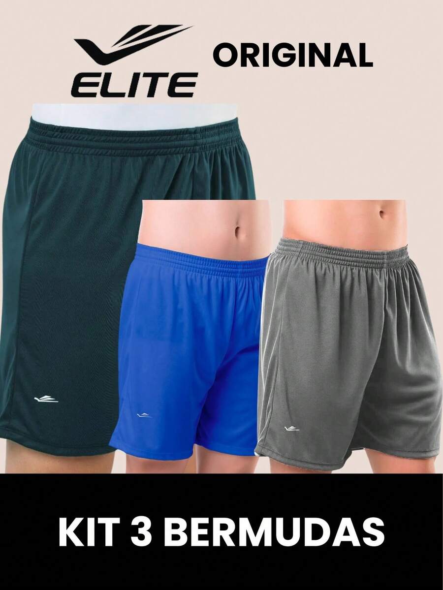Kit 3 Bermuda Shorts Men's Fitness Gym Sports Football Elite Father's Day Dad - 灰色,汽油色和寶藍色 - 查看 1