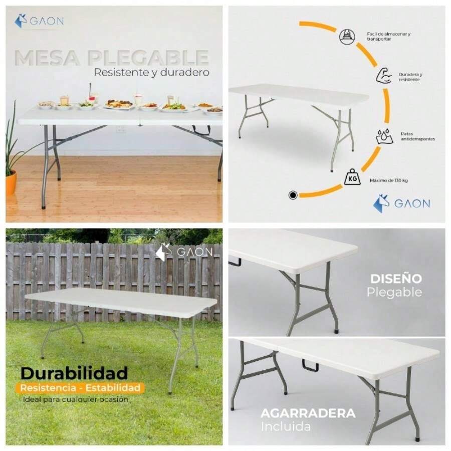 GAON. Mesa Plegable de Plastico Tipo Portafolio 1.80 Metros Portatil para Jardin Interior y Exterior 180. - blanco - Ver 1