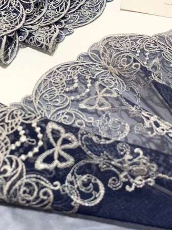 36 Inches X 18cm Navy Blue Butterfly Embroidered Mesh Lace Trim Sewing Accessory