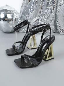 时尚优雅女士水钻装饰不对称高跟凉鞋 - 黑色 - 查看 9