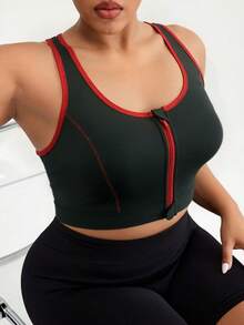 Reggiseno sportivo da donna con zip frontale, colore a contrasto, taglie comode, imbottitura rimovibile, adatto per attività all'aperto, yoga e sport - nero - Visualizzare 1