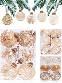 6pcs Rustic Boho Christmas Ball Ornaments, 3.15in Clear Linen Christmas Tree Ornaments With Strips Decorations Shatterproof Decorative Hanging, Xmas Tree Balls For Wedding Party Decor Christmas Decorations Home Christmas Gifts Christmas Decor - Multicolor - View 2