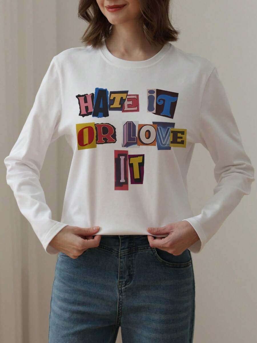 Women's Autumn And Winter HATE IT OR LOVE IT Slogan Graphic Round Neck Long Sleeved T Shirt ,Casual Loose And Versatile Holiday Style Tops,Fashionable Fall Women Clothes Suitable For Daily Wear - White - View 1
