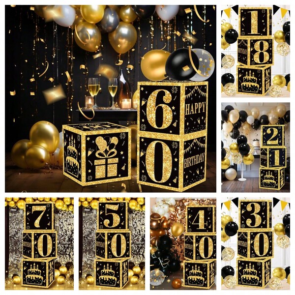 3 piezas Cajas de decoración para cumpleaños 18/21/30/40/50/60/70 para hombres y mujeres, globos de feliz cumpleaños en negro y dorado, cajas de suministros para fiestas, decoración de caja de cartón con tema de cumpleaños