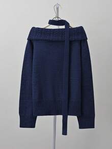 女士灰色露肩毛衣，修身剪裁，精致针织上衣，质感优质，秋冬 - 藏青色 - 查看 9