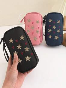 1 pièce Sac de rangement à fermeture éclair à simple couche avec un cordon, imprimé d'un motif d'étoile à cinq branches et d'un nœud rouge. Sac de rangement multifonctionnel, pour câbles de données, écouteurs, sac de rangement portable pour les voyages