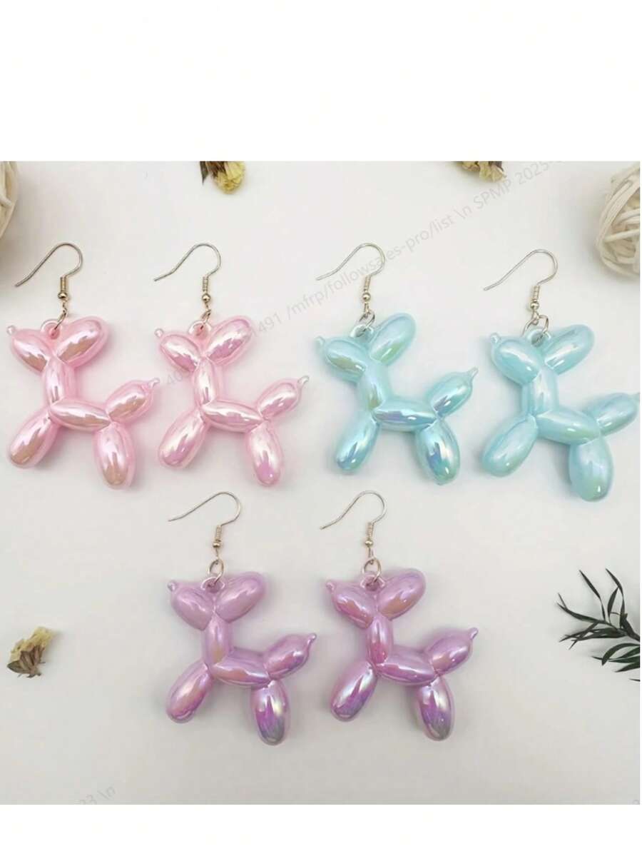 1 par de pendientes colgantes de perro globo juguetón - Acrílico de colores caramelo con acabado AB, estilo de dibujos animados lindo, ganchos de hierro hipoalergénicos - Perfecto para uso diario y como regalo