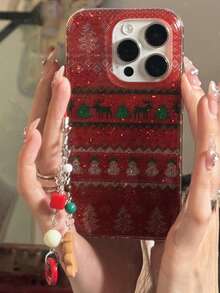 可爱雪人、驯鹿、姜饼人闪光手机壳，兼容 17 Pro Max、17 Pro、17 Air、16 Pro Max、15、13 Pro、14、15、16 Plus、14、12、11，精致手机壳，圣诞礼物 - 綠色聖誕樹 - 查看 3