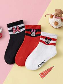 Disney 3/6 Pairs Embroidered Children's Socks, Cute Embroidered Mickey Mouse & Minnie Mouse Pattern Mid-Calf Socks, Girls Socks, Series Boys Mid-Calf Socks, Korean Cartoon Style Breathable Embroidered Children Mid-Calf Socks - Multicolor - View 2