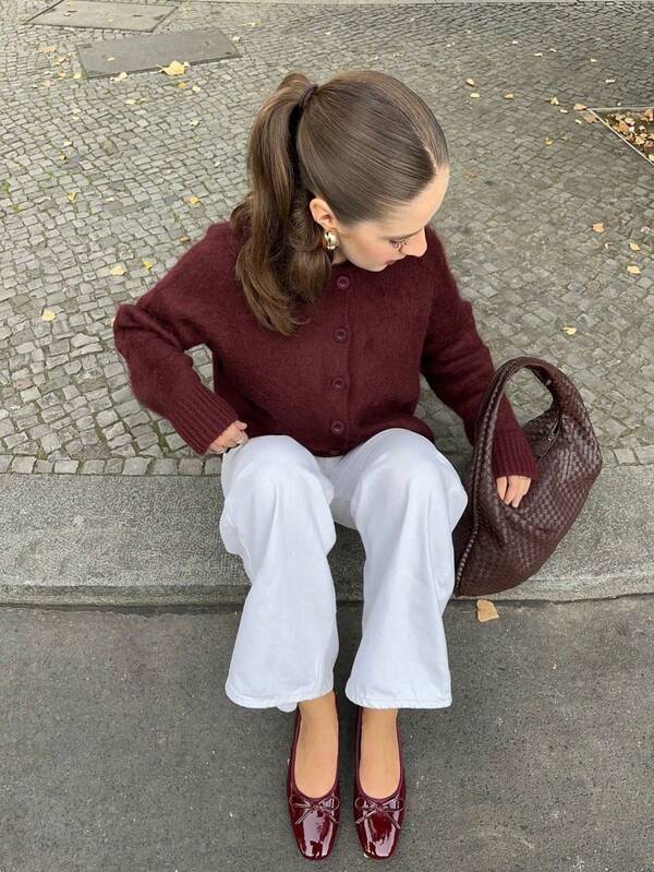 كنزة صوفية كاردجان كاجوال محبوكة بتصميم مبسط وفضفاض من نوعية عالية للنساء، مناسبة للخريف والشتاء، لون بوردو