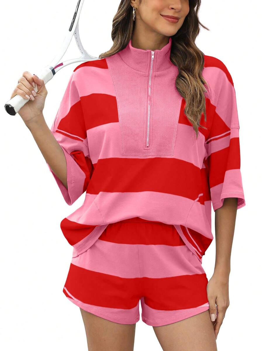 Women's Early Spring Shorts Two-Piece Sets Striped Oversized Everyday Casual Workout Lightweight Top With Pockets - 粉色 - 查看 1