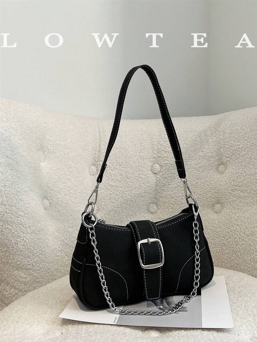 low tea Decorative Buckle Sewing Detail Chain Rectangular Bag For Women, Shoulder Bag With Buckle Decoration, Hobo Bag With Underarm Wallet, Small/Medium Crossbody Bag For Shopping, Date, Ladies Gift, Suitable For Teenage Girls, College, Work, Business, Commuting