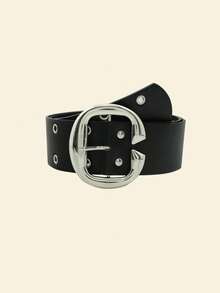 1pc Women's Black PU Leather Street Punk Style Solid Color Double Buckle Versatile Wide Waist Belt - Black - View 2