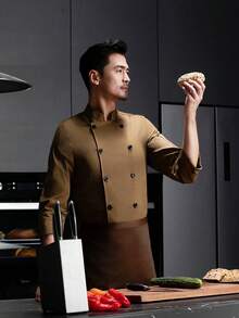 Khaki Long Sleeve Chef Jacket, Skin-Friendly Breathable Durable, Washable & Shrink-Resistant, Double-Breasted Design, Available In Small Size, Unisex, Suitable For Cafes, Fast Food Restaurants, Catering, Bakeries, Hotels, Kitchens, Restaurants, Canteens, Long Sleeve Chef Uniform For Autumn, Winter, Spring - Khaki - View 2