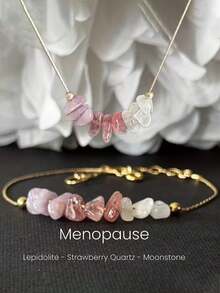 2pcs Natural Stone Bead Bracelet + Necklace Set, Lithium Ore/Strawberry Quartz/Moonstone Boho Jewelry Set, Suitable For Women's Daily Wear - Necklace + Bracelet - View 1