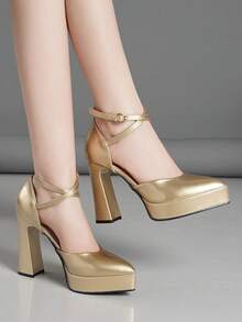 女士镂空高跟鞋，超高跟，粉色、杏色、白色、黑色、红色、银色、金色可选，时尚百搭 - 金色 - 查看 3