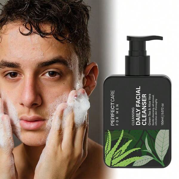 150ml Gel limpiador facial para hombres, revitaliza la piel, mejora la barrera de hidratación de la piel, fórmula suave de aminoácidos, equilibra el pH facial, infundido con ácido hialurónico, glicerina, aminoácidos, aloe vera, extracto de té verde, vitamina E