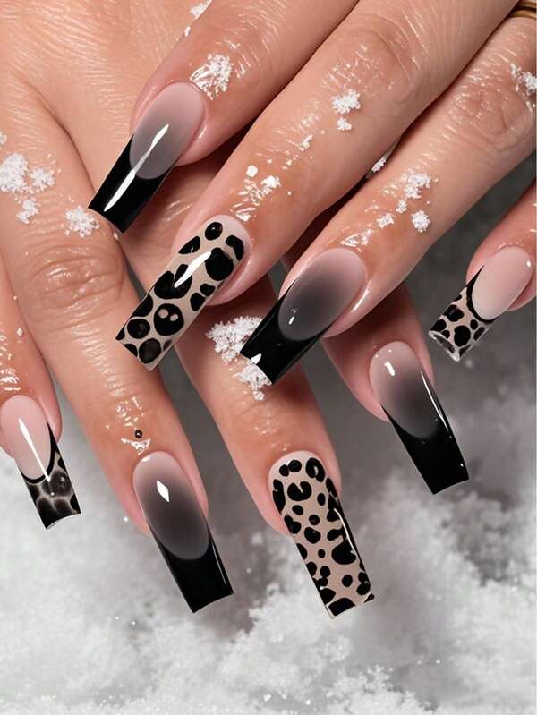 Instantly Upgrade Your Look With 24pcs Long Square Mani Press On Nails Elegant Black French Style Black Speckled Black Gradient Pink Nails Fashionable Black Tortoiseshell Black Striped Tortoiseshell French Style Fake Nails Full Cover Fake Nail Set For Women And Girls Includes 1 Sheet Adhesive Tabs & 1 Pc Mini File Strip Jelly Gel Random Shipment
