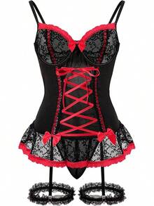Sheer Mesh Corset Lace-Up Garter Belt Babydoll Lingerie Set - Black Red - View 1