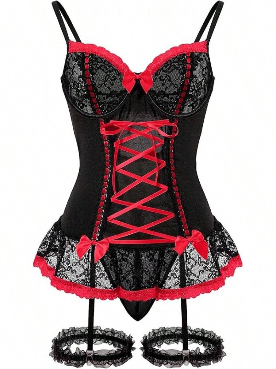 Sheer Mesh Corset Lace-Up Garter Belt Babydoll Lingerie Set - Black Red - View 1