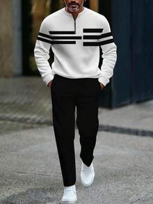 European And American Men's White, Blue And Red Sportswear Set: Eye-Catching Color-Blocking Stripes, Half-Open-Neck Top; High-Quality Polyester Fabric, Anti-Wrinkle And Easy To Care For; Sporty And Casual Style, Suitable For Fitness And Outdoor Activities, Men's Clothing, Men's Long-Sleeved Shirts, Men's Two-Piece Sets, - màu đen - Xem 3
