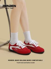 RENBEN 1 par de zapatillas de estilo retro con cordones y parches para mujer, con suela gruesa, casual, deportiva, de suela blanda, diseño de nicho de moda, adecuada para primavera/otoño