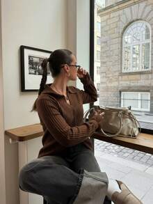 Senya Women's Autumn/Winter New Mustard Yellow Lapel Button Long Sleeve Knit Cardigan, Vertical Striped Casual Loose Pullover Sweater, Daily Wear & Commute Knit Jacket