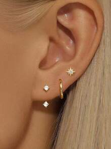 3Pairs CZ Hoop Moon Stud Stackable Earrings For Women, Dainty 14K Gold Plated Huggie Hoop Earrings Tiny Ball Back Stud Earrings For Lobe Cartilage Helix For Multiple Piercing Jewlery For Women Girl