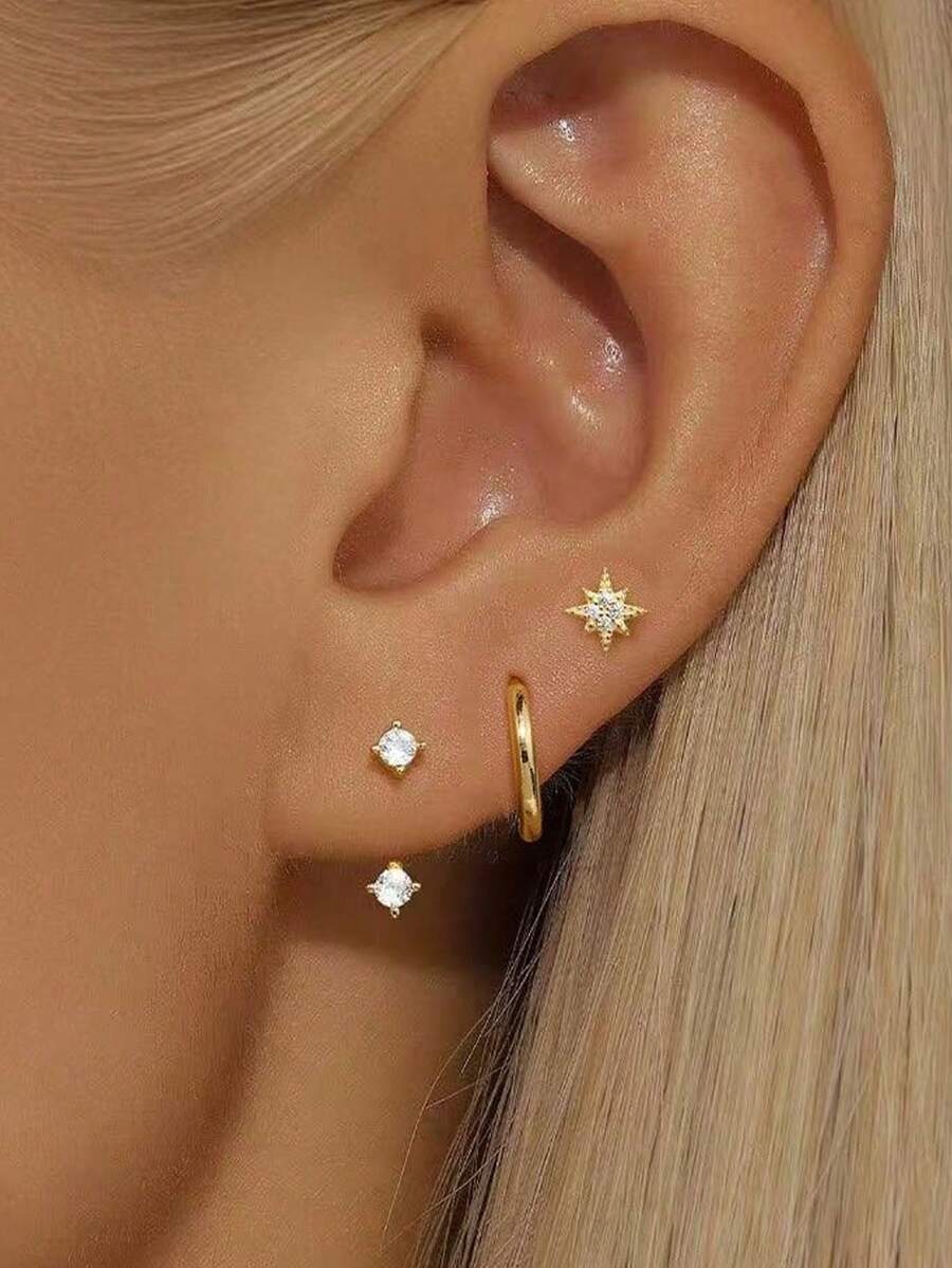 3Pairs CZ Hoop Moon Stud Stackable Earrings For Women, Dainty 14K Gold Plated Huggie Hoop Earrings Tiny Ball Back Stud Earrings For Lobe Cartilage Helix For Multiple Piercing Jewlery For Women Girl