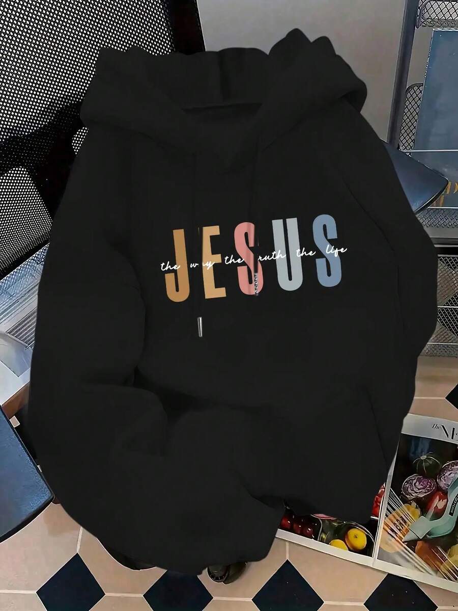 Women's Fashion Hoodie Colorful JESUS Letter Print Kangaroo Pocket Women's Sweatshirt Sports Shirt Autumn Winter Long Sleeve Versatile Suitable For Daily Outings Casual Party Wear Comfortable Cotton Sweatshirt - 黑色 - 查看 1