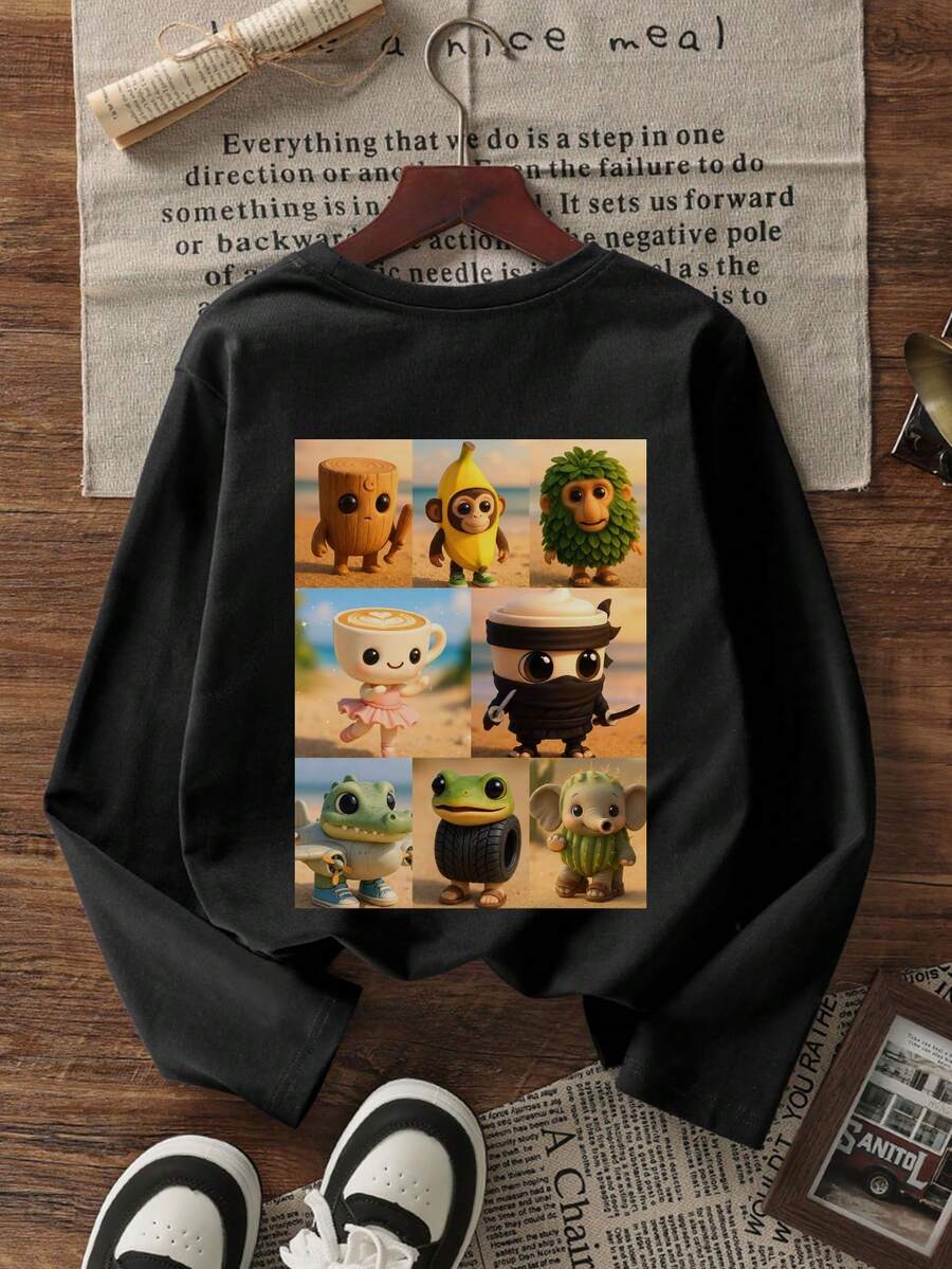 1 件青少年男孩休闲印花长袖 T 恤，春/秋季，时尚保暖舒适上衣，适合年轻学生和青少年 - 黑色 - 查看 1