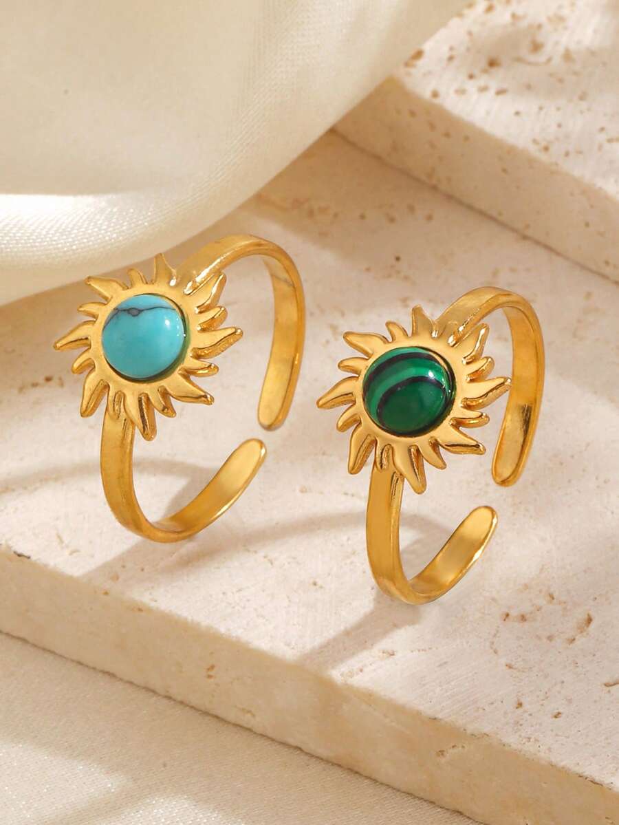 2pcs/Set Stainless Steel 18K Gold Plated Fashion Turquoise/Malachite Inlaid Sun Ring Set, Suitable For Women's Daily And Party Wear